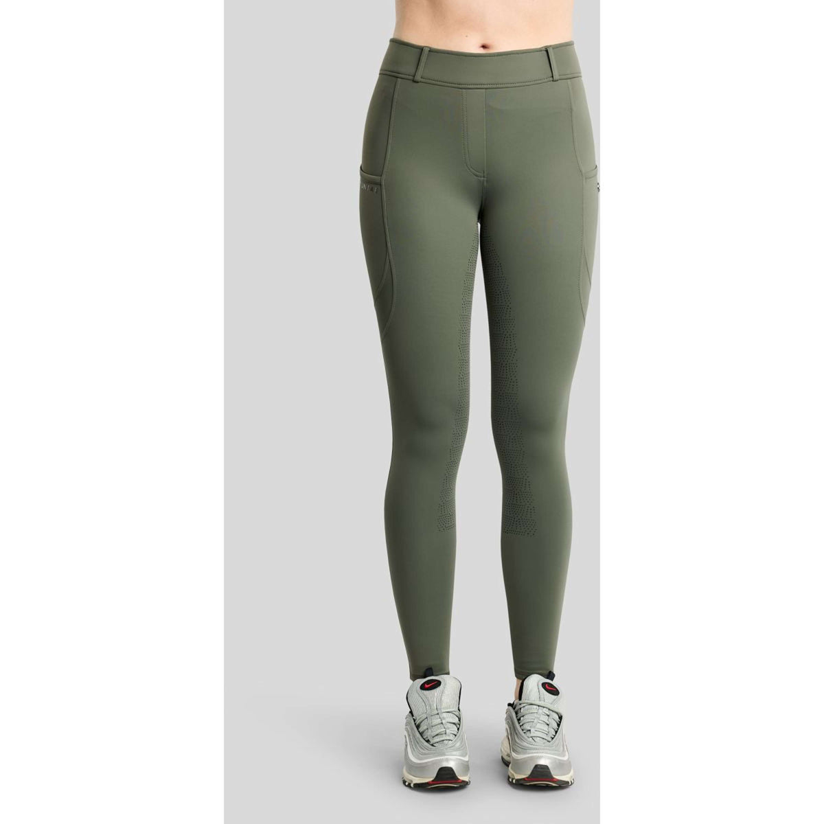 Montar Thermo-Reitleggings MoAddie Hybrid Gun Metal Logo Full Grip Forest Green