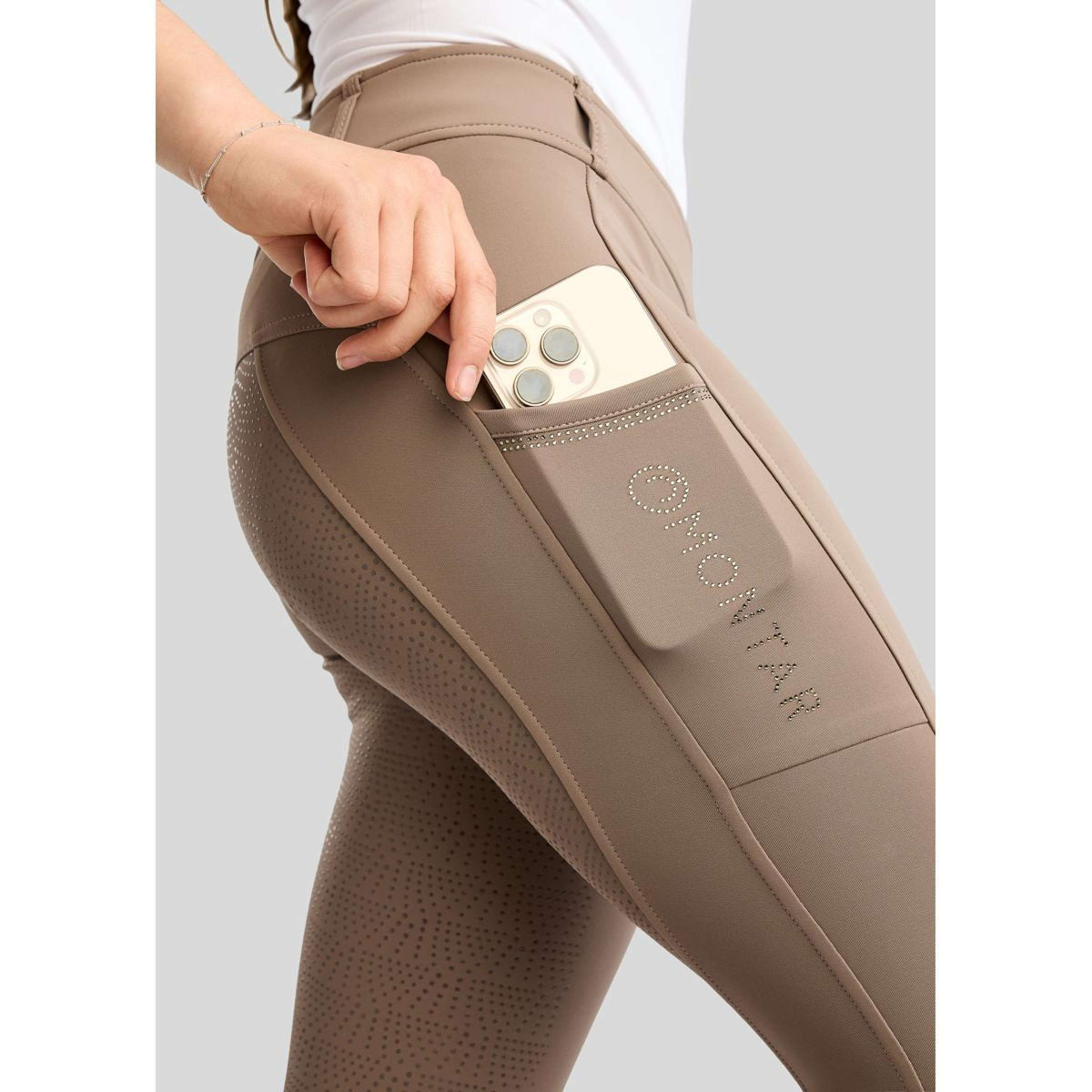 Montar Reitleggings MoWilma Hybrid Pintucks Golden Quartz Crystals Full Grip Nougat Brown