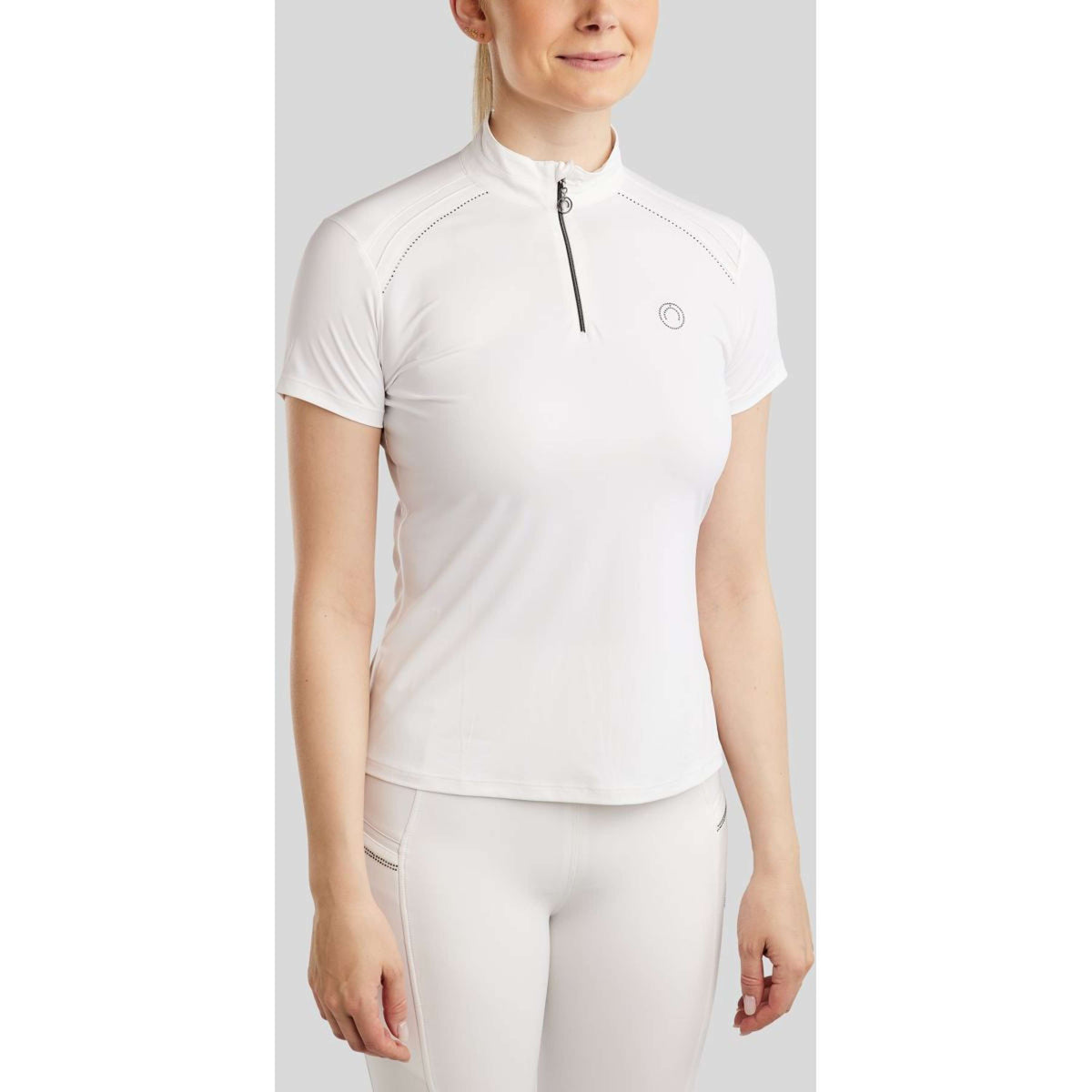 Montar Turniershirt MoPearl Pintucks Gun Metal Crystals Weiß