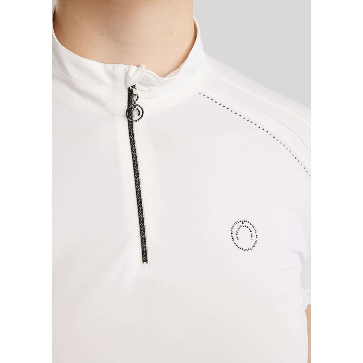 Montar Turniershirt MoPearl Pintucks Gun Metal Crystals Weiß