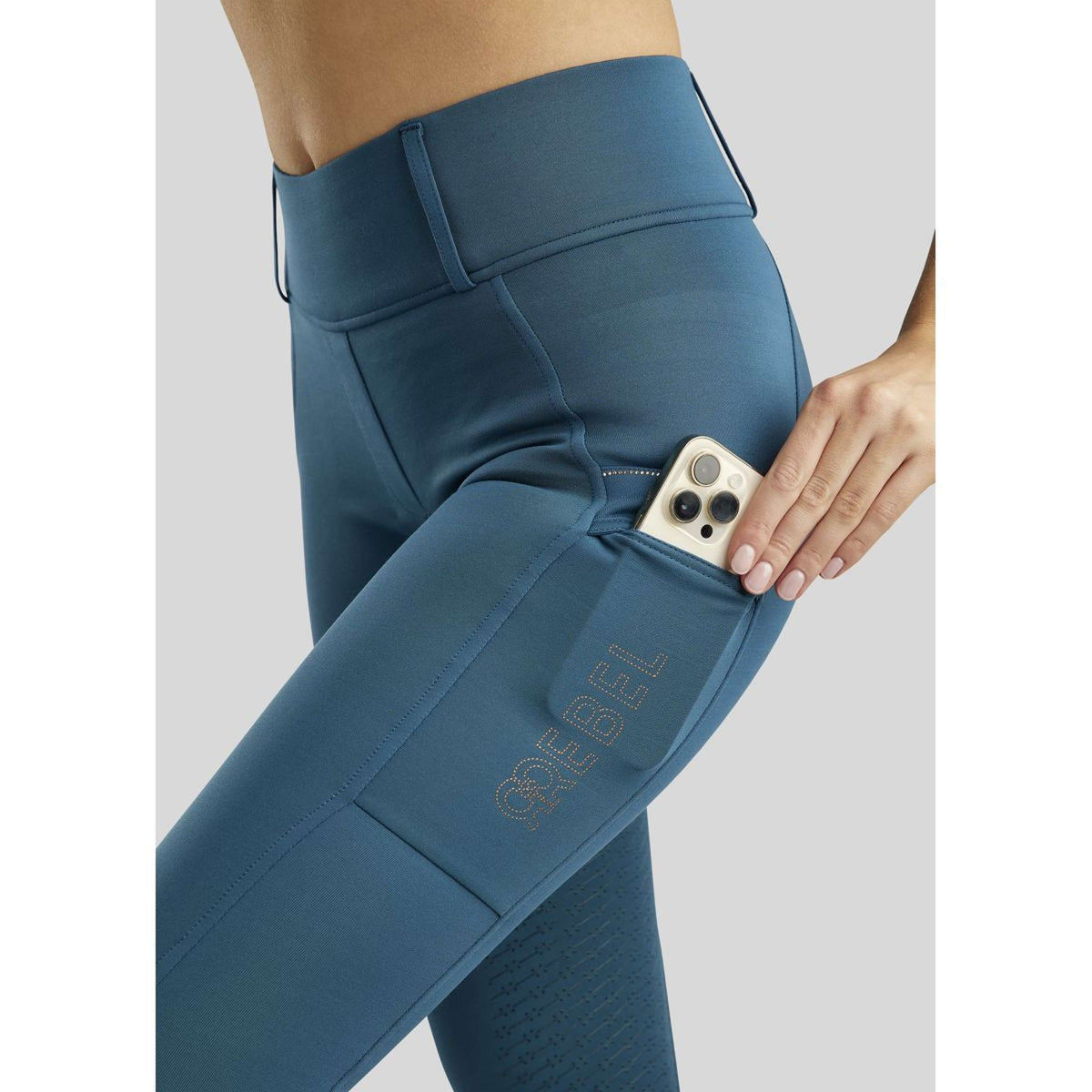 Rebel Reitleggings Beltloops Rosegold Crystals Full Grip Petrol